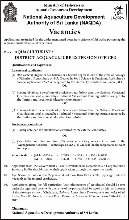 Aquaculturist / District Aquaculture Extension Officer - National Aquaculture Development Authority